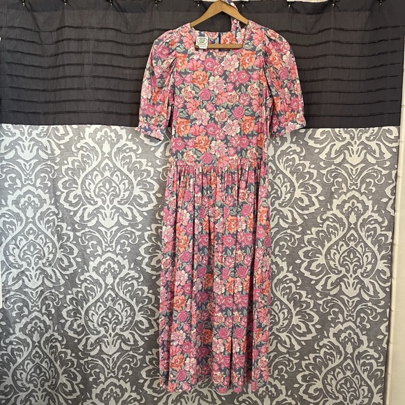 Vintage Laura Ashley Pink Orange Floral Cottage Dress Drop Waist Size 10 Rare - Picture 1 of 10